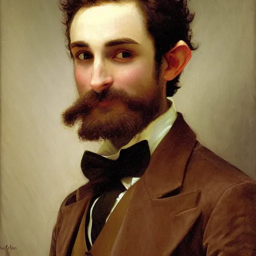 Prompt: detailed portrait painting of gentleman elf wearing brown tuxedo by William-Adolphe Bouguereau