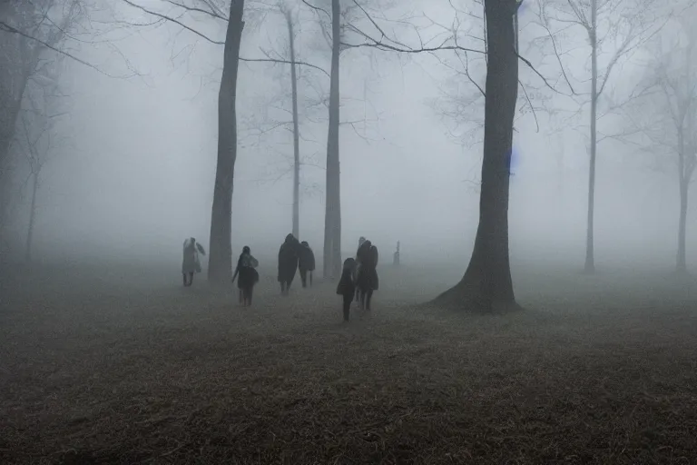 Image similar to photo of people being absorbed by the mist, eerie atmosphere, fear, mystery, dramatic, 8 k uhd