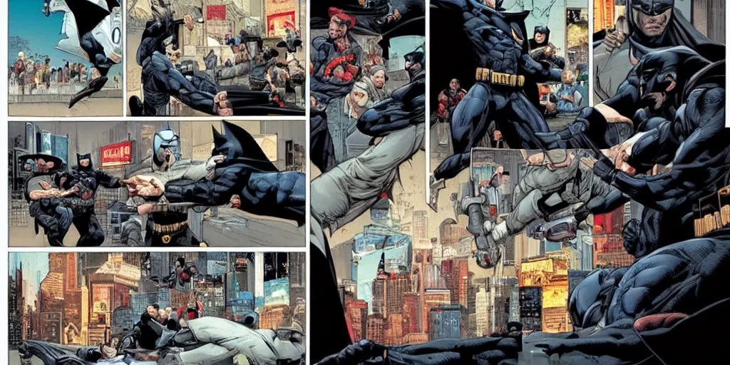 Image similar to Batman teaching mall-cops karate. Epic painting by James Gurney and Laurie Greasley.