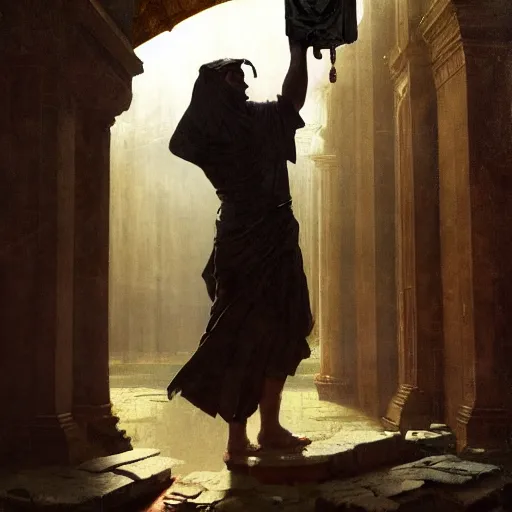 Image similar to half portait of magicus wearing a closed cowl and big old book! chained to the wrist, jeremy mann, jean - leon gerome, tiepolo, alphonse mucha, greg rutkowski, face in the shadows, ( ( ruins of ancient rome ) ), at dusk, mysterious atmosphere, sunrays, dof, high detailed, 8 k