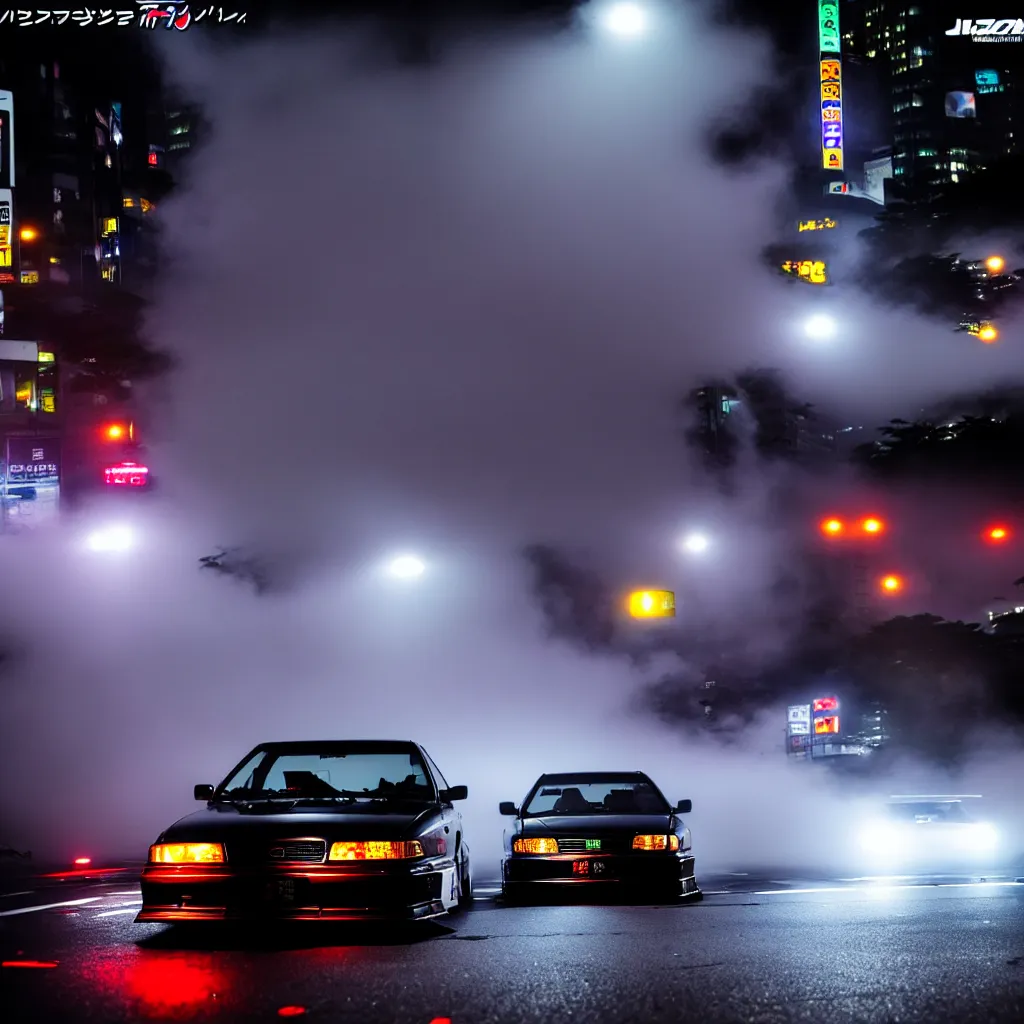 Image similar to JZX100 twin turbo drift in Shibuya, misty night