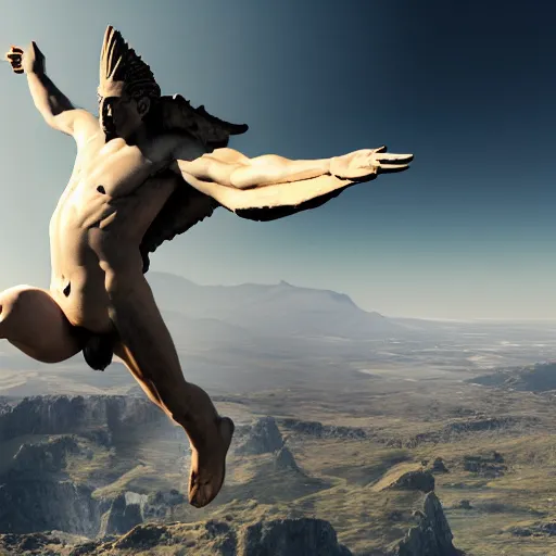 Prompt: a matte painting of Greek mythology Icarus surprised to see a F-15 flying next to him. Realistic render, 4k, hdr, dynamic lighting