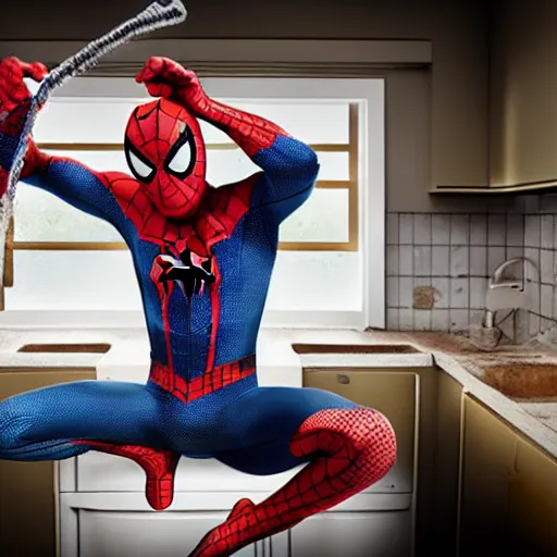 Image similar to spider-man cleaning the sink with a sponge, 4k realistic photo