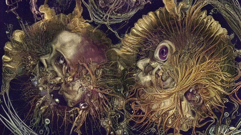 Image similar to a beautiful dreamy painting of a coronavirus inside a high-resolution television screen, smiling alien, face, dark, sinister, detailed, art by Ernst Haeckel and Matt Lombardi