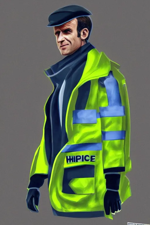 Prompt: emmanuel macron wearing a hivis police coat, highly detailed, digital art, sharp focus, trending on art station