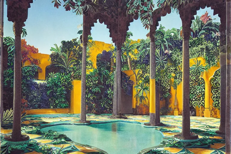 Image similar to painting of a beautiful moorish palace courtyard garden, by alayna danner and maxfield parrish and evelyn de morgan, patterned tilework, palm trees, tiled fountains, extremely detailed, cinematic lighting, smooth sharp focus
