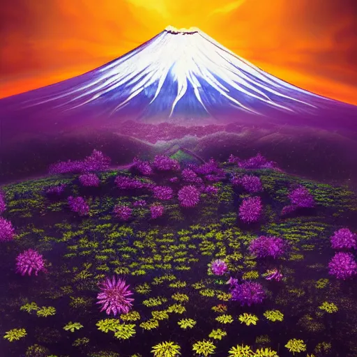 Image similar to a beautiful and detailed picture of mount fuji surrounded by a field of black lotus flowers with petals in a fibonacci sequence, in the style of magic the gathering, highly detailed, digital painting, god rays, volumetric lighting, octane render, 4 k resolution, art by adam paquette and johann bodin and jason rainville