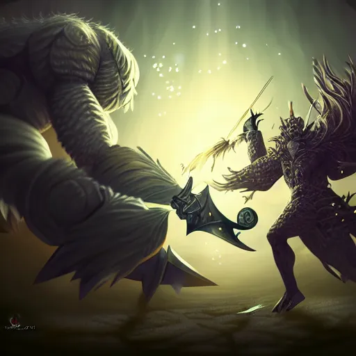 Prompt: magical knight fighting a monster, highly detailed, wlop style, artstation, soft light, sharp focus, illustration