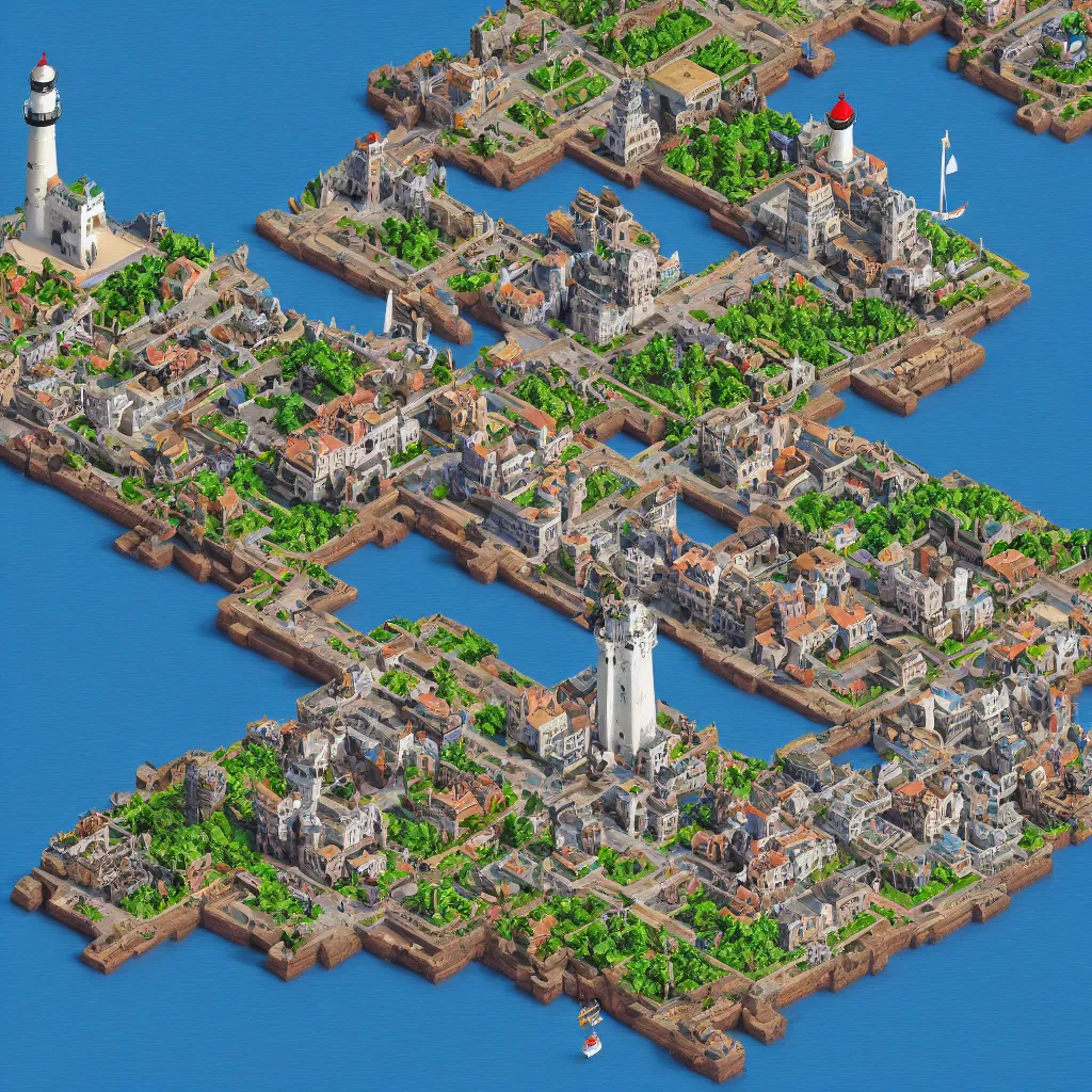 Prompt: isometric voxel bay with a medieval city. A port with sailboats. A lighthouse in the water, stone towers of a castle block of art. hd, detailed, 4k, concept art.