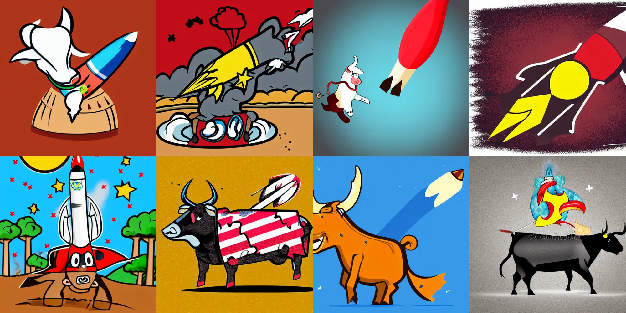 Prompt: a cartoon bull riding a rocket there there is a trail of smoke coming from the rocket the bull is excited to ride the rocket the bull has twisted smile, cell shaded, flat lighting, drop shadows