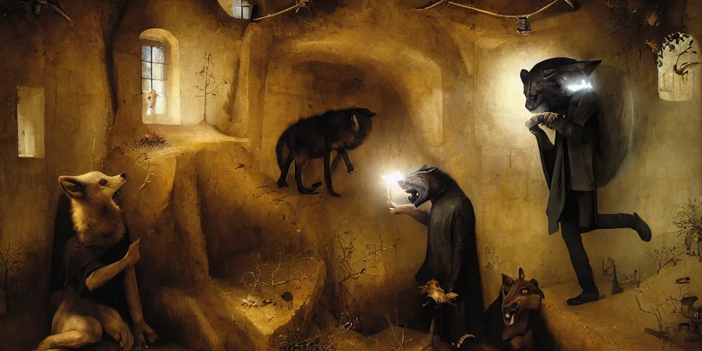Prompt: young man in orange t - shirt hides his face behind box of guinness beer, two wolves on either of his sides by hieronymus bosch, greg rutkowski, anna podedworna