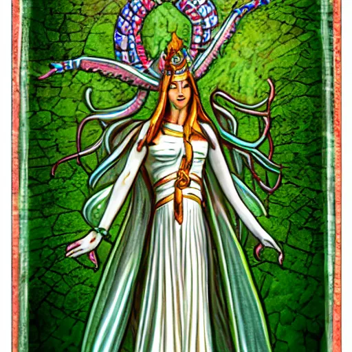 Prompt: The Goddess Asherah standing outside the gates to the emerald city on planet Oz surounded by Elves