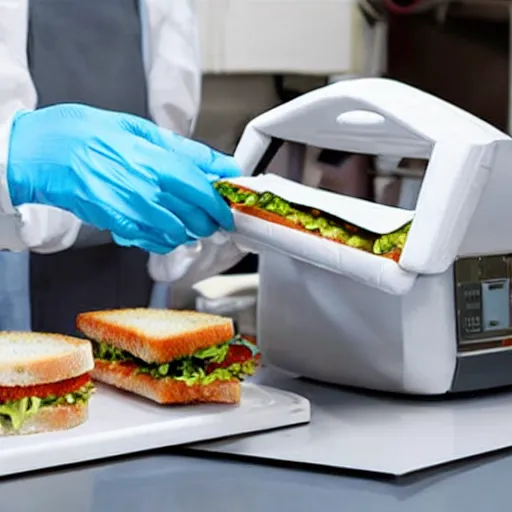 Prompt: A home nanotech fabrication device creating a sandwich