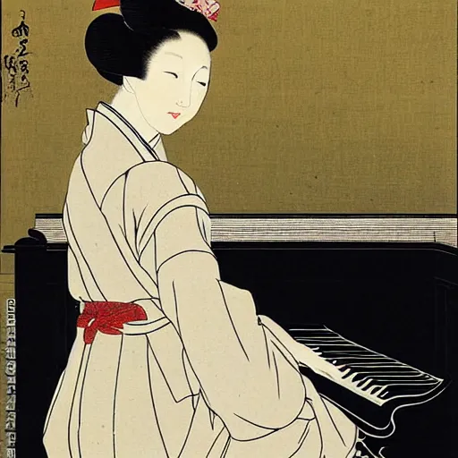 Image similar to girl with curly blonde hair sitting at a piano, painting by utamaro