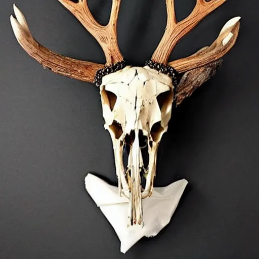 Prompt: macabre deer skull made with bones, dried skin and pearls made by Chris Haas