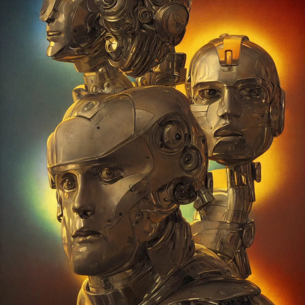 Image similar to cinematic bust portrait of futuristic god robot, part by Norman Rockwell, part by maxfield parrish, part by Mattias Adolfsson, high angle,, detailed, (((volumetric lighting))), oil on canvas, HD, HDR, 4K, 8K , nice colors