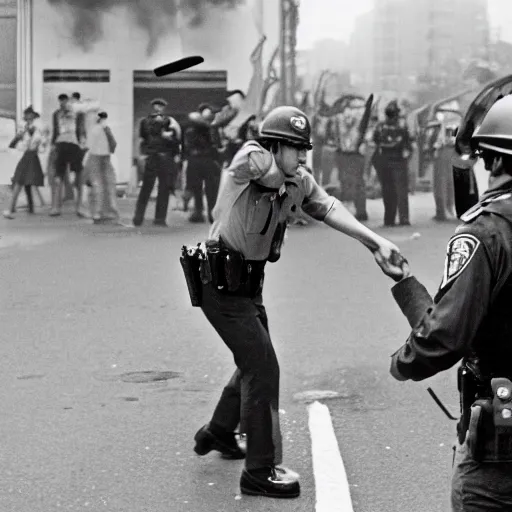 Image similar to a young man throwing a rabbit at a riot cop, leica m 9, voigtlander 3 5 mm, 1 9 6 0 s