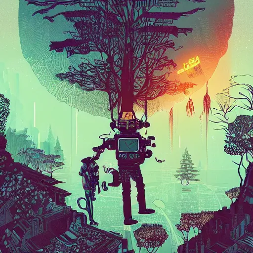Prompt: Stunningly intricate illustration of single cyberpunk explorer holding with one hand his small friendly flying robot, lush forest in background, highly detailed, midnight, by Victo Ngai and James Gilleard , Moebius, Laurie Greasley