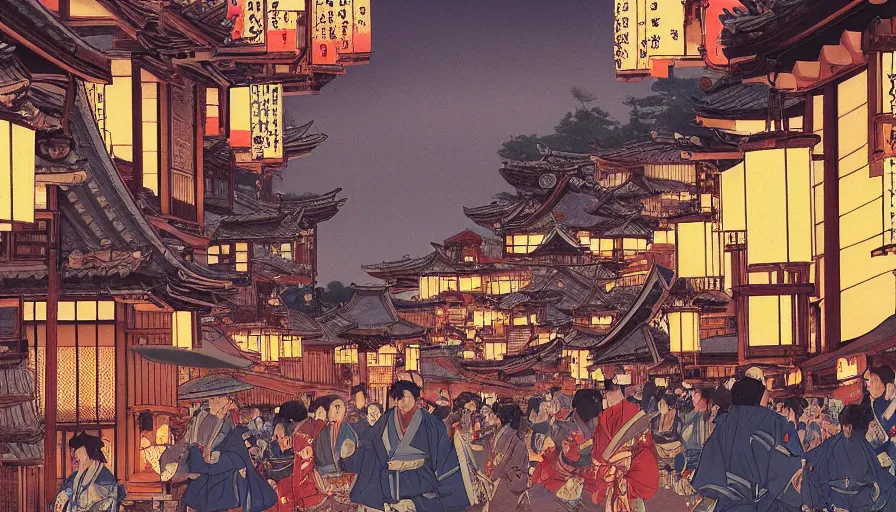 Prompt: edo era city festival near sea at night, beautiful lit lamps, 8 k highly detailed art, intricate, stanley lau, artgerm, artstation, smooth, far sho