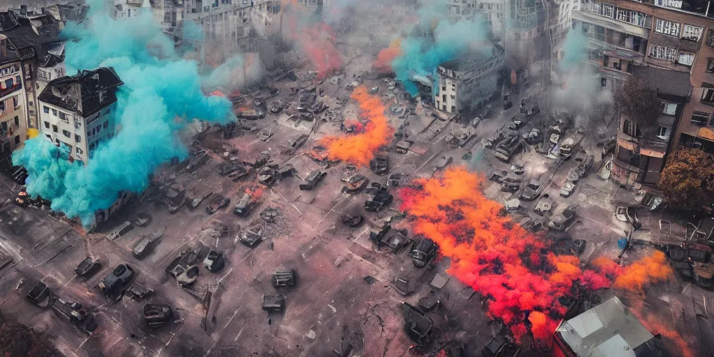 Image similar to post - apocalyptic kreuzberg streets covered in colorful smoke, burned cars, explosions, hyperrealistic, gritty, damaged, drone photography, photorealistic, high details