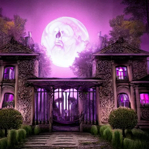 Image similar to Haunted Mansion in a dark forest dead trees moon lit sky spooky depth of field cinematic view Vray 8K HDR Vines Tombstones architecture garden with roses windows glowing purple eerie render