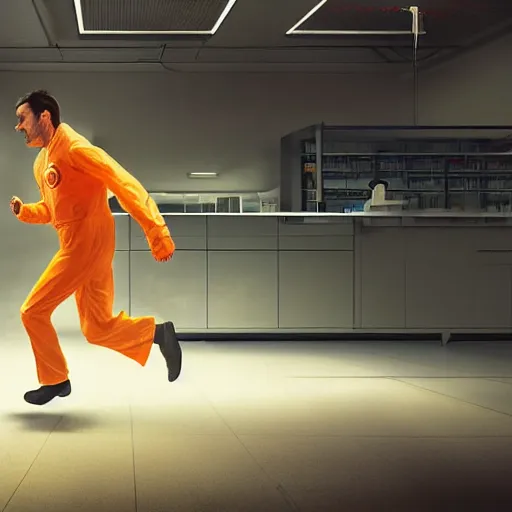 Image similar to a man in an orange jumpsuit running in a laboratory,digital art,ultra realistic,ultra detailed,art by greg rutkowski