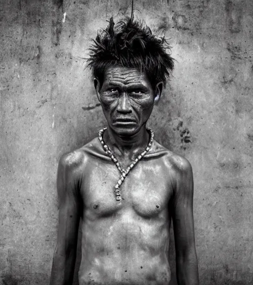 Image similar to Award winning reportage photo of Tuvalu Natives with incredible hair and beautiful hyper-detailed eyes wearing traditional garb by Lee Jeffries, 85mm ND 5, perfect lighting, gelatin silver process