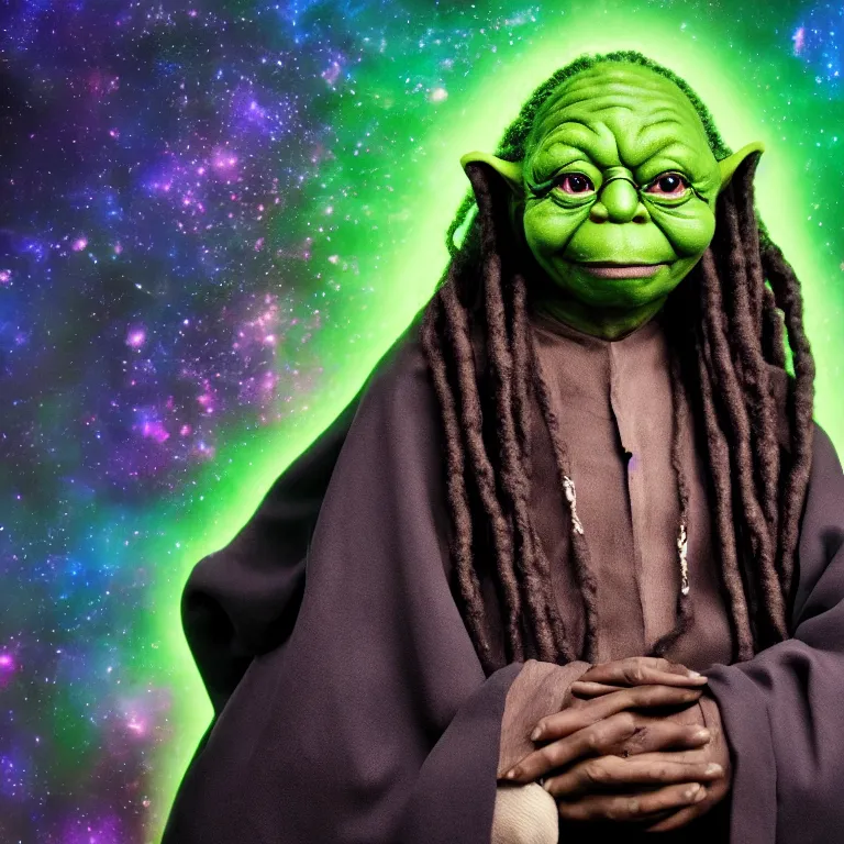 Image similar to whoopi goldberg yoda hybrid from star wars, high quality portrait photoshoot, bokeh, studio lighting, high fashion photoshoot, nebula space background, 8 k