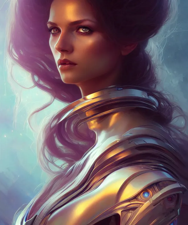 Image similar to futuristic woman portrait, sci-fi, amber eyes, face, long hair, fantasy, intricate, elegant, highly detailed, digital painting, artstation, concept art, smooth, sharp focus, illustration, art by artgerm and greg rutkowski and alphonse mucha