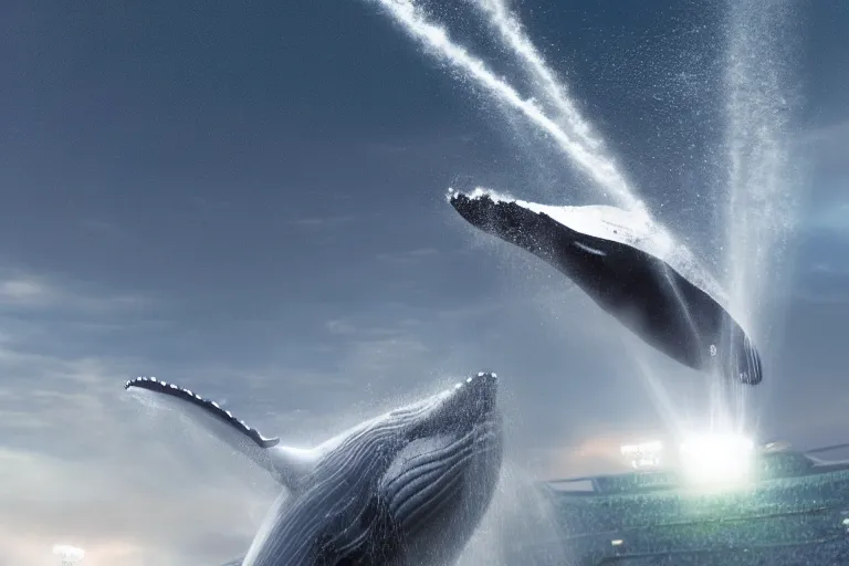 Prompt: a realistic cinematic still of humpback whale flying over the NFL Super Bowl Stadium cinematic lighting by Jessica Rossier