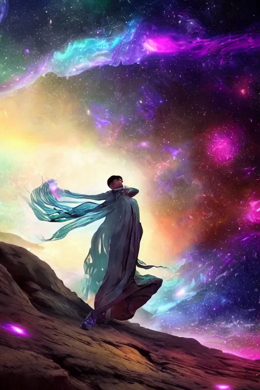 Prompt: galaxy bender experiencing the quantum field, elevated consciousness, beautiful astrological neural network, matte painting and tim burton comic book art, twist of time, realistic, trending on artstation, sharp focus, depth of field, cinematic composition, physics splashes of colors, science fiction, unreal engine