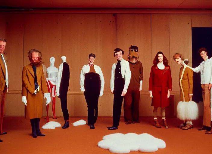 Prompt: realistic photo portrait of the team, brown mustard cotton fluffy carnival costumes, pigeon head face portrait, wooden polished and fancy expensive wooden science laboratory hall interior with plants 1 9 9 0, life magazine reportage photo, david lynch, michelangelo antonioni, red desert, twin peaks