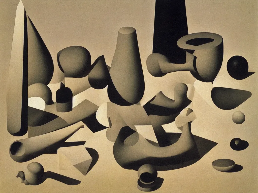 Prompt: Still life with absurd, Brancusi, Henri Moore sculptures, geometric fractal architectural miniature models. Painting by Zurbaran, Escher