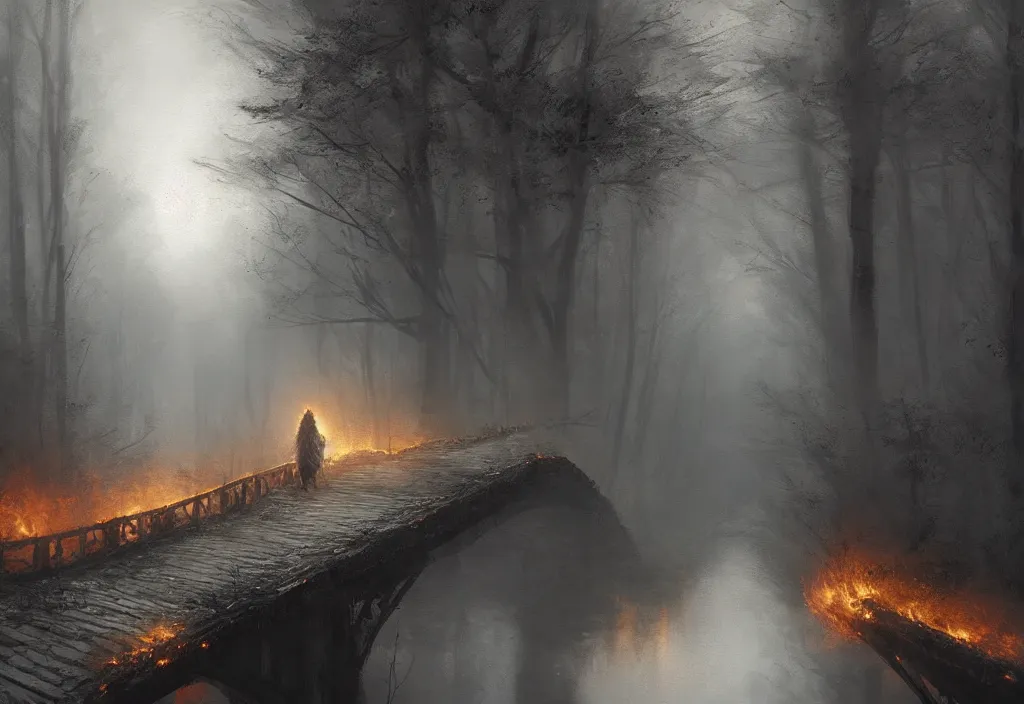 Image similar to a white wolf walking on a burning bridge, artstation, jakub rozalski, high detail, dramatic lighting, night, fog