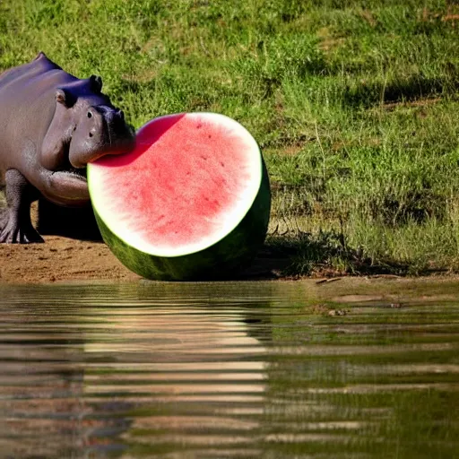 Prompt: enthusiastic hippo eating a watermelon