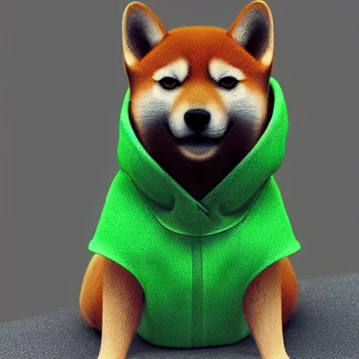 Prompt: a Shiba Inu wearing a green hoodie sitting on a couch, photo realistic, trending on artstation, HDR, nicely detailed, 8k