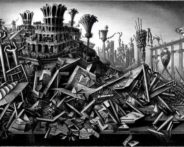 Image similar to Piranesi imagination mixed with the aesthetics of Yves Tanguy