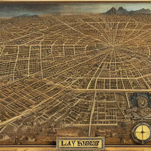 Prompt: an antique artistic cartography map of las vegas, by leonardo da vinci and gerard mercator. intricate, hd, 4 k, realism, hyperrealistic painting, art of illusion, cryengine, finalrender, unreal engine