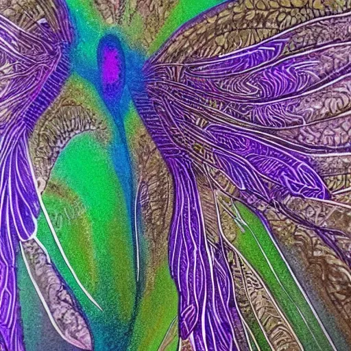 Image similar to brown woman wearing a shiny dragonfly armor. dragon fly wings for hair. green, blue, and purple sheen. intricate. super detailed. layered. textured. award winning. dispersion of light. refracted lighting. soft. fragile.