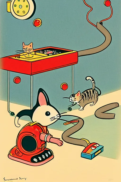 Image similar to by richard scarry. a cat chasing a robot mouse. a 1 9 5 0 s retro illustration. studio ghibli. muted colors, detailed