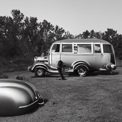 Image similar to photo of a 1 9 3 6 chrysler airstream parked at a lake