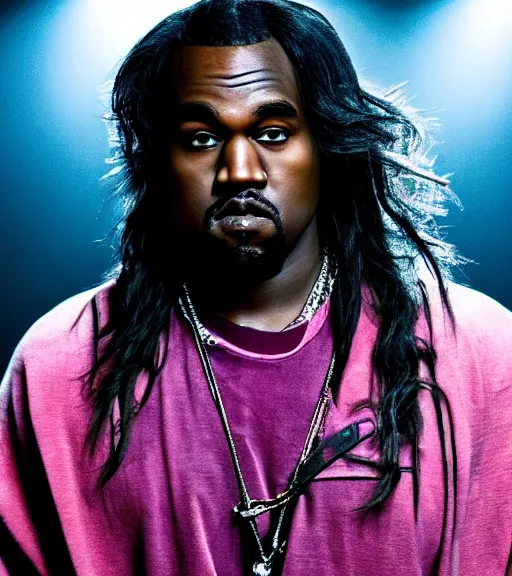 Prompt: a photo of kayne west ( ( with pink long hair ) ), studio photo, dynamic lighting, hdr, award winning photography, stunning scenery