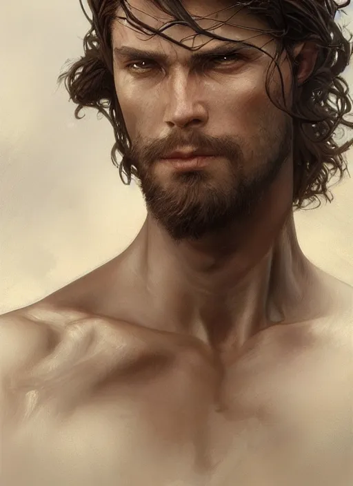 Prompt: Portrait of a rugged warrior, male, man, D&D, muscular, bare thighs, fantasy, intricate, elegant, highly detailed, digital painting, artstation, concept art, smooth, sharp focus, illustration, art by artgerm and greg rutkowski and alphonse mucha