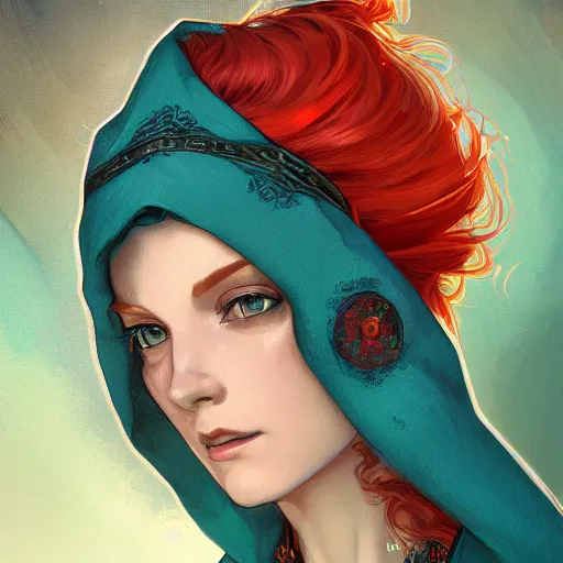 Prompt: A beautiful digital painting of a woman with red hair, in a turquoise cloak with a wide hood, D&D, fantasy, intricate, cinematic lighting, highly detailed, digital painting, Artstation, concept art, smooth, sharp focus, illustration, art by Artgerm and Greg Rutkowski, Alphonse Mucha and charlie bowater