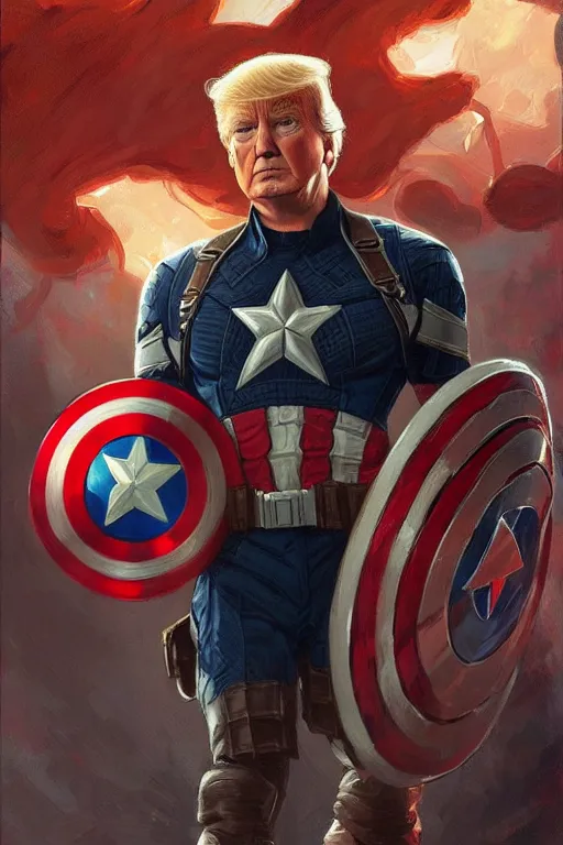 Image similar to Donald Trump as Captain America full body portrait, D&D, fantasy, intricate, elegant, highly detailed, digital painting, artstation, concept art, matte, sharp focus, illustration, art by Artgerm and Greg Rutkowski and Alphonse Mucha