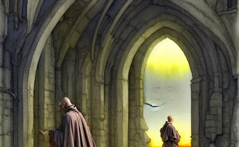 Prompt: a hyperrealist watercolor concept art of a medieval monk in grey robes at sunset looking through a portal to an alien world. very muted colors, by rebecca guay, michael kaluta, charles vess. high detail, hq, wide shot, 4 k