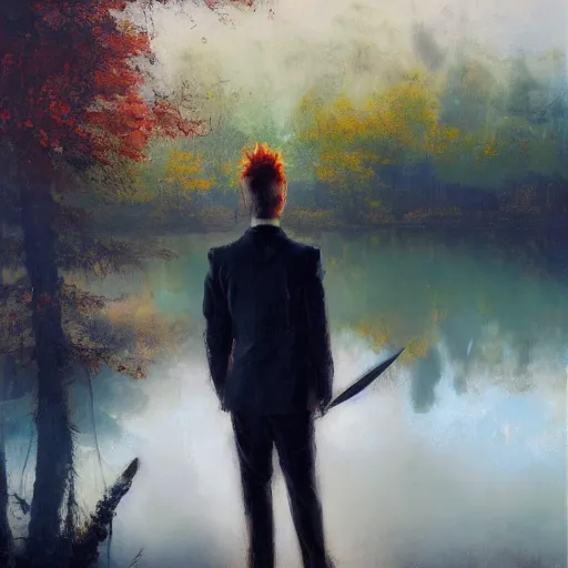 Image similar to stoic young man with red tipped green hair wearing a cream suit shedding a single tear standing before a lake in an autumnal forest holding a halberd shaped like a carnation, oil painting by jeremy mann and yoji shinkawa