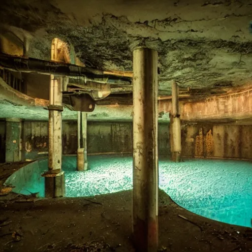 Prompt: flooded abandoned underground waterpark, liminal space, dark, eerie, creepy, dark lighting, liminal,