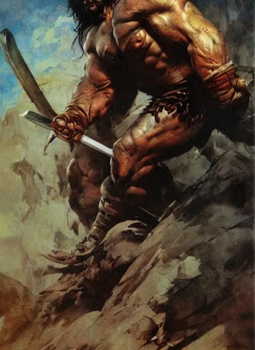 Image similar to portrait of barbarian fighting giant, coherent! by mariusz lewandowski, by frank frazetta, deep color, strong line, high contrast