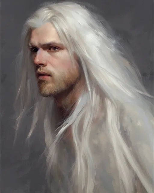 Prompt: face portrait of the one - winged!!!!!!! angel, male!!!!!!!, long white hair, by daniel gerhartz, trending on artstation